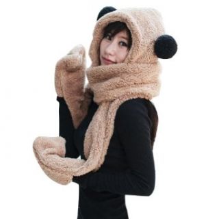 Meilaier Brown Bear Warm Double Layered Scarves Hood Hat Winter Gloves at  Womens Clothing store