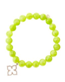 8mm Smooth Lime Jade Beaded Bracelet with 14k Rose Gold/Diamond Moroccan Flower