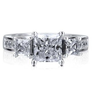 BERRICLE Sterling Silver 925 Princess Cut Cubic Zirconia CZ 3 Stone Fashion Right Hand Ring: Jewelry