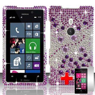 Nokia Lumia 925 (T Mobile) 2 Piece Snap On Rhinestone/Diamond/Bling Case Cover, Purple/Silver Waterfall Heart Swirls Pattern + LCD Clear Screen Saver Protector: Cell Phones & Accessories