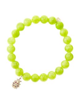 8mm Smooth Lime Jade Beaded Bracelet with 14k Gold/Diamond Medium Ladybug Charm