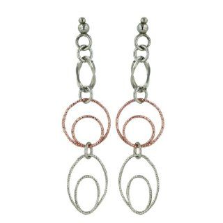 .925 Sterling Tri Color Plating(Rhodium, Gold, Rose Gold) Open Link Textured Italian Dangle Earrings: Jewelry