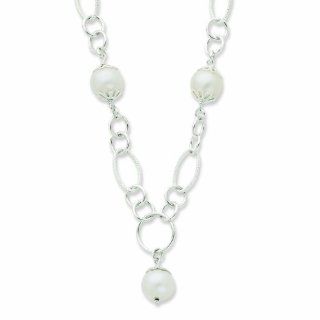 Sterling Silver & Simulated Pearl Fancy Polished Drop Necklace: Jewelry
