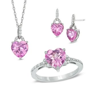 Lab Created Pink and White Sapphire Pendant, Ring and Earrings Set in
