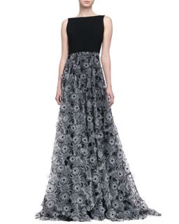 Womens Sleeveless 3 D Floral Skirt Gown, Black/Ivory   Erin by Erin Fetherston