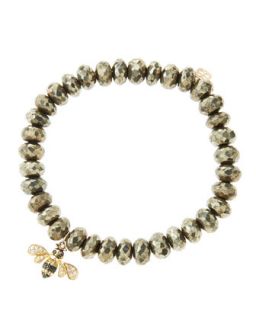8mm Faceted Champagne Pyrite Beaded Bracelet with 14k Gold/Diamond Bee Charm