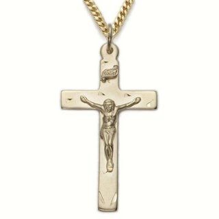 Highest Quality 14K Gold over .925 Sterling Silver Crucifix Pendant Necklaces in a Polished Finish and Engraved Design Catholic Jewelry Crucifix Pendant Necklaces w/Chain Necklace 24" Length: Jewelry