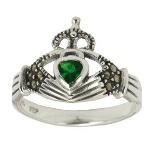 Ladies 0.925 Sterling Silver Irish Celtic Ring Synthetic Emerald Stone: Jewelry