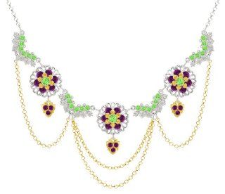 .925 Sterling Silver with 24K Yellow Gold Plated over .925 Sterling Silver Necklace by Lucia Costin with Falling Chains, Light Green and Violet Swarovski Crystals, Accented with Lace Like Pattern, 6 Petal Flowers and Leaf Ornaments; Handmade in USA: Choker