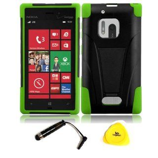 For Nokia Lumia 928   Wydan Trapezoid Y Stand Hybrid Hard Soft Case Kickstand Cover   w/ Wydan Prying Tool and Stylus Pen (BLACK ON GREEN) Cell Phones & Accessories