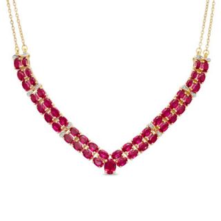 Oval Lab Created Ruby and Diamond Accent Double Row Chevron Necklace