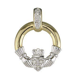 14k Yellow Gold and Diamond Claddagh Necklace Irish Made: Pendant Necklaces: Jewelry
