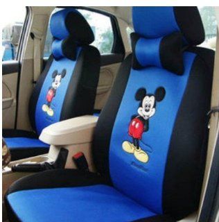 18pcs Black Blue Mickey Mouse Auto Car Front Saddle Neckrest Steering Wheel Seat Covers Mickey Car Cushion Mickey Mouse Car Accessories Kits   Ropes  