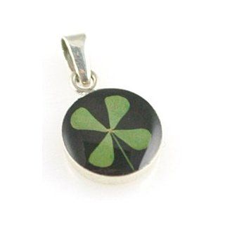 Black Four Leaf Clover Small Round Pendant: Jewelry