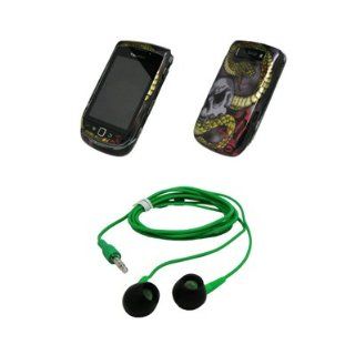 Grey and Gold Snake Skull Design Snap On Cover Case + Green 3.5mm Stereo Headphones for Blackberry Torch 9800: Cell Phones & Accessories