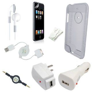 Apple iPod Touch 2nd Generation (2G) Crystal Case Clear w/ 2in1 Sync Charging USB Retractable, USB Car Charger, USB Wall / Travel Charger, Earphones, Auxilary 3.5mm to 3.5mm  Cable Retractable & Screen Guard / Protector   Players & Accessori