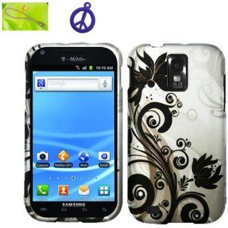 T Mobile Samsung Galaxy S II S2 SGH T989 (B BLKV) Black Vine Flower on Silver Design, Rubberized Coated Surface Hard Plastic Case Skin Cover Faceplate + Peace Charm and Strap Combo Cell Phones & Accessories
