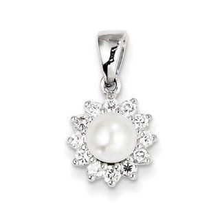 Sterling Silver Rhodium Plated Fw Cultured Pearl & Cz Pendant: Jewelry