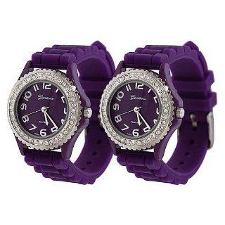 TWO Dark Purple Silicone Watch w/ Crystal Rhinestones Bezel Ceramic Look: Watches