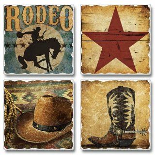 Coaster Set   Texas Lone Star Tumbled Stone Coasters   Set of Four   Texas Coasters   Boot, Cowboy Hat, Rodeo and Lone Star: Kitchen & Dining