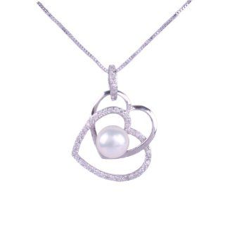 AAA10.5 11mm White Freshwater Cultured Pearl Sterling Silver Two Heart Pendant,18 " (A) Jewelry