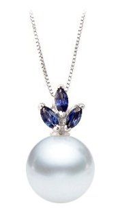 PremiumPearl 9 10mm White South Sea Pearl Pendant AAA Quality 14k Gold & Sapphires: Jewelry