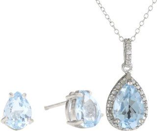 Sterling Silver Genuine Diamond and Blue Topaz Pendant Necklace and Earrings Set: Jewelry Sets: Jewelry