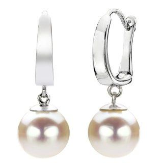 14k White Gold 9 10mm Round White Cultured Freshwater Pearl High Luster Lever Back Earring.: Jewelry