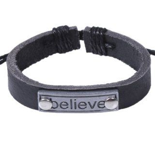 Createforlife Men's Adjustable Cord Leather Believe Slogan Word Black Bangle Bracelet: Jewelry