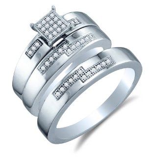 10K White Gold Diamond Mens and Ladies Couple His & Hers Trio 3 Three Ring Bridal Matching Engagement Wedding Ring Band Set   Square Princess Shape Center Setting w/ Micro Pave Set Round Diamonds   (.15 cttw)   SEE "PRODUCT DESCRIPTION" TO CH