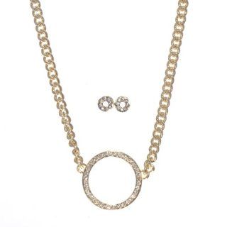 16" Bright Gold Tone Chain Link Necklace with a 2" Extension Featuring a 1" Crystal Clear Rhinestone Studded Circle. Comes with Matching 1/4" Stud Donut Shaped Earrings Accented with Crystal Clear Rhinestones. Jewelry