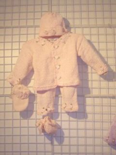 Cpk81bm, Knitted on Hand Knitting Machine Then Finished By Hand Crochet Infant Girls Outfit, Containing Baby Pink Chenille Cardigan Sweater, pant, Hat, Booty, Mitten Set Trimmed with Satin Rosebuds: Infant And Toddler Pants Clothing Sets: Clothing