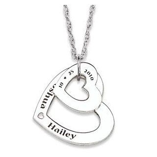 Sterling Silver Couples Engraved Name & Date Hearts Necklace: Jewelry