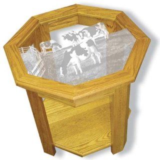 Oak Glass Top End Table With Cow Etched Glass   Cow End Table Furniture   Unique Cow Gift Ideas   Fully Assembled   22" x 22" x 20" high  
