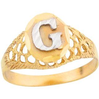 10k Two Tone Gold Diamond Cut Letter G Filigree Design 1.2cm Initial Ring Jewelry