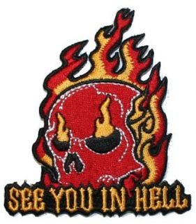 See you in Hell Devil Skull in Flames Embroidered iron on Patch: Clothing