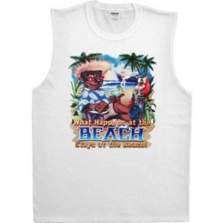 MENS SHOOTER (SLEEVELESS) T SHIRT : WHITE   LARGE   What Happens At The Beach Stays At The Beach   Top Dawg Shirts Vacation: Clothing