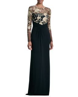 Womens Long Sleeve Lace Overlay Gown   David Meister   Black/Gold (8)