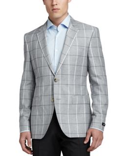 Mens Windowpane Check Suit Jacket, Gray/White   Boss Hugo Boss   Grey/White