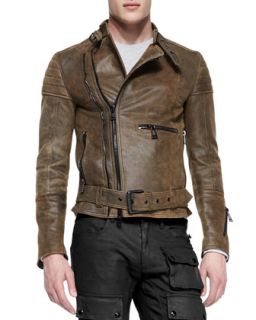 Mens Distressed Leather Moto Jacket, Brown   Belstaff   Brown (48)