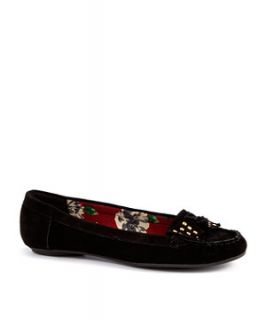 Black Suede Studded Bow Moccasin Pumps