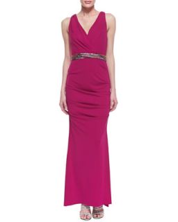 Womens Sleeveless Ruched Hip Gown with Belt, Pink Berry   Nicole Miller  