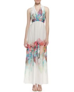 Womens Silk Watercolor Floral Print Halter Gown   Nicole Miller   Ivory multi