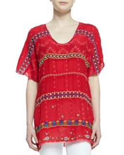 Womens Colorful Daisy Eyelet Blouse, Fiery Red   Johnny Was Collection   Fiery