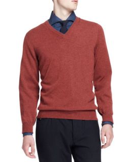Mens 2 Ply Cashmere Sweater, Red/Orange   Brunello Cucinelli   Red/Orange (S)