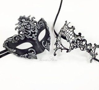 New! His & Hers Phantom Masquerade Masks [Black Themed]   Bestselling Black Half Mask and Laser Cut Masquerade Mask with Diamonds : Beauty