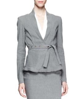 Womens Belted Linen Suiting Jacket, Gray   Donna Karan   Greystone (12)