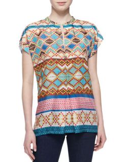 Mixed Print Silk Short Sleeve Blouse, Womens   Johnny Was Collection   Multi a