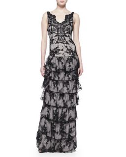 Womens Powell Sleeveless Tiered Lace Gown   Alice + Olivia   Black/Sesame (0)