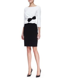 Womens Bicolor Pleated Front Dress with Bow, White/Black   Paule Ka  